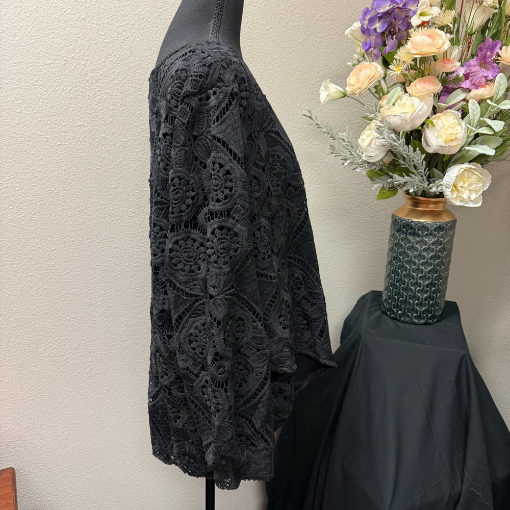 🌸 BloomChic Black Crochet Lace Blouse US 26 Plus Size Long Sleeve Boho Festival - Picture 4 of 8